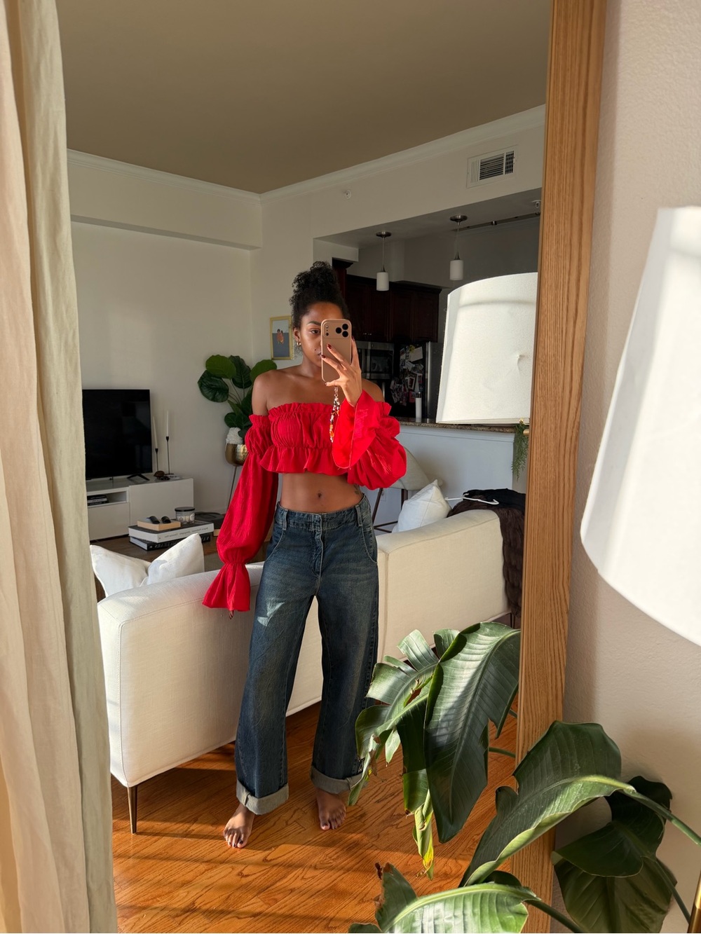 Red Off-Shoulder Puff Sleeve Crop Top